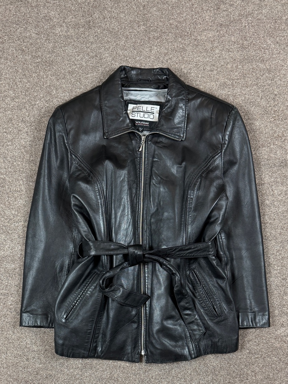Vintage Wilsons Pelle Studio Black Leather Zip Up Belted Jacket Women’s XL 90s